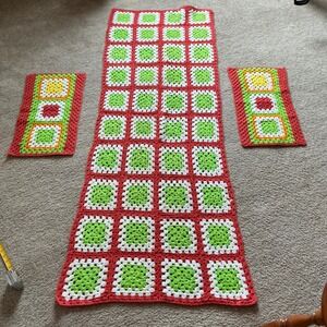 Handmade Crochet Granny Square Table Runner Placemat Set Red Green White Boho
